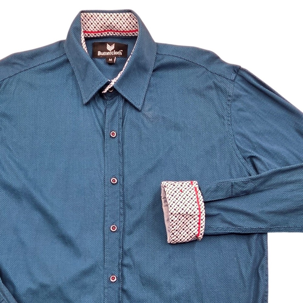 Buttercloth Shirt Mens Medium Blue Geometric Long Sleeve Button Front Flip Cuff